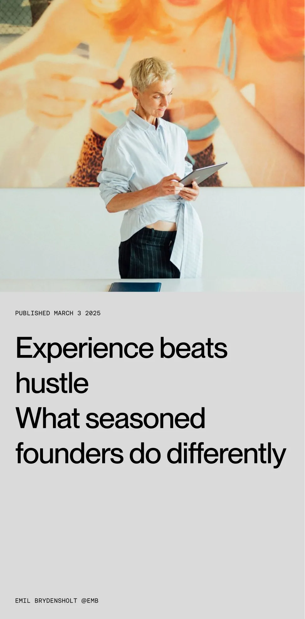 Editorial card — Experience beats hustle