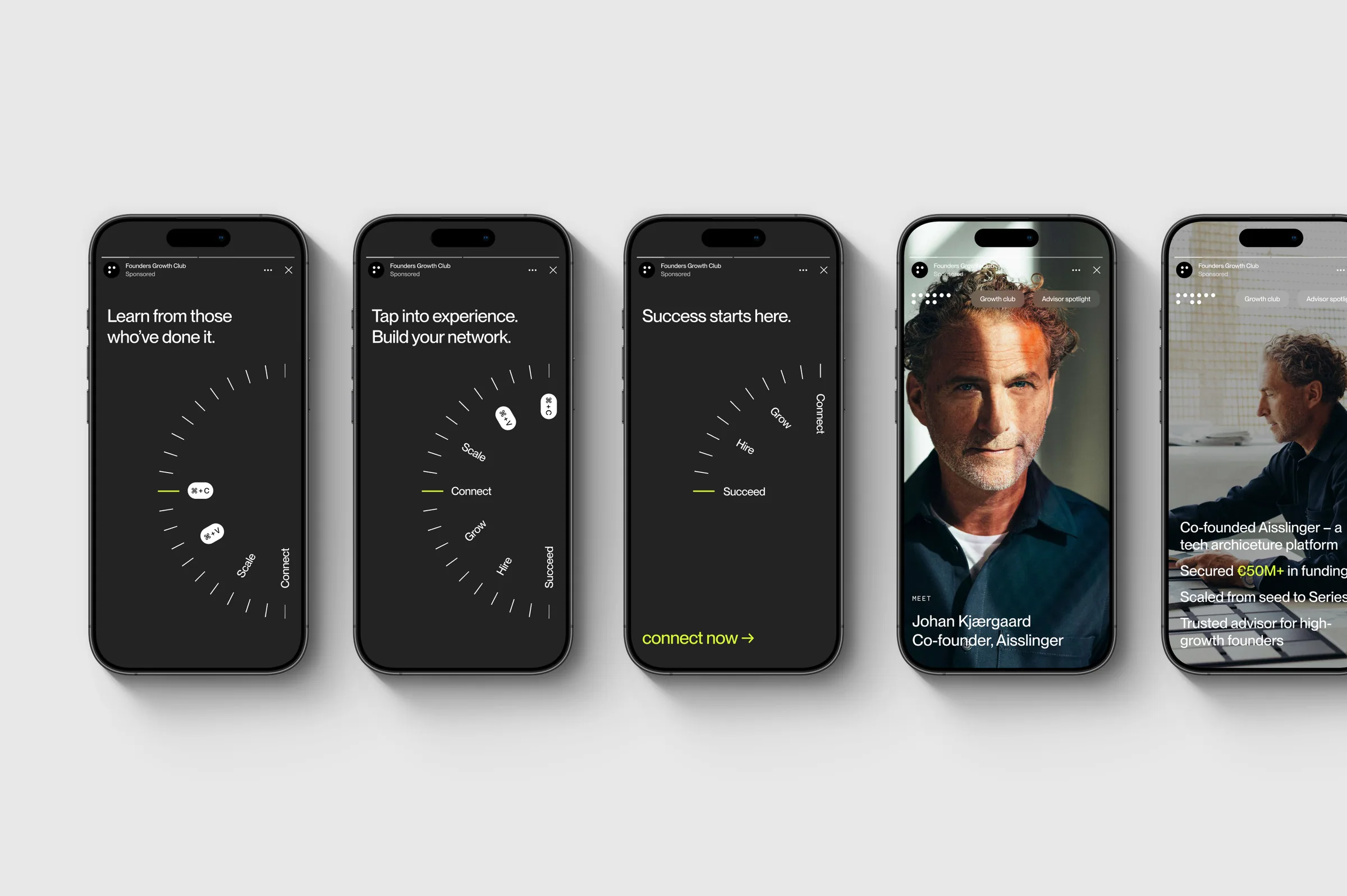 Founders Growth Club app screens